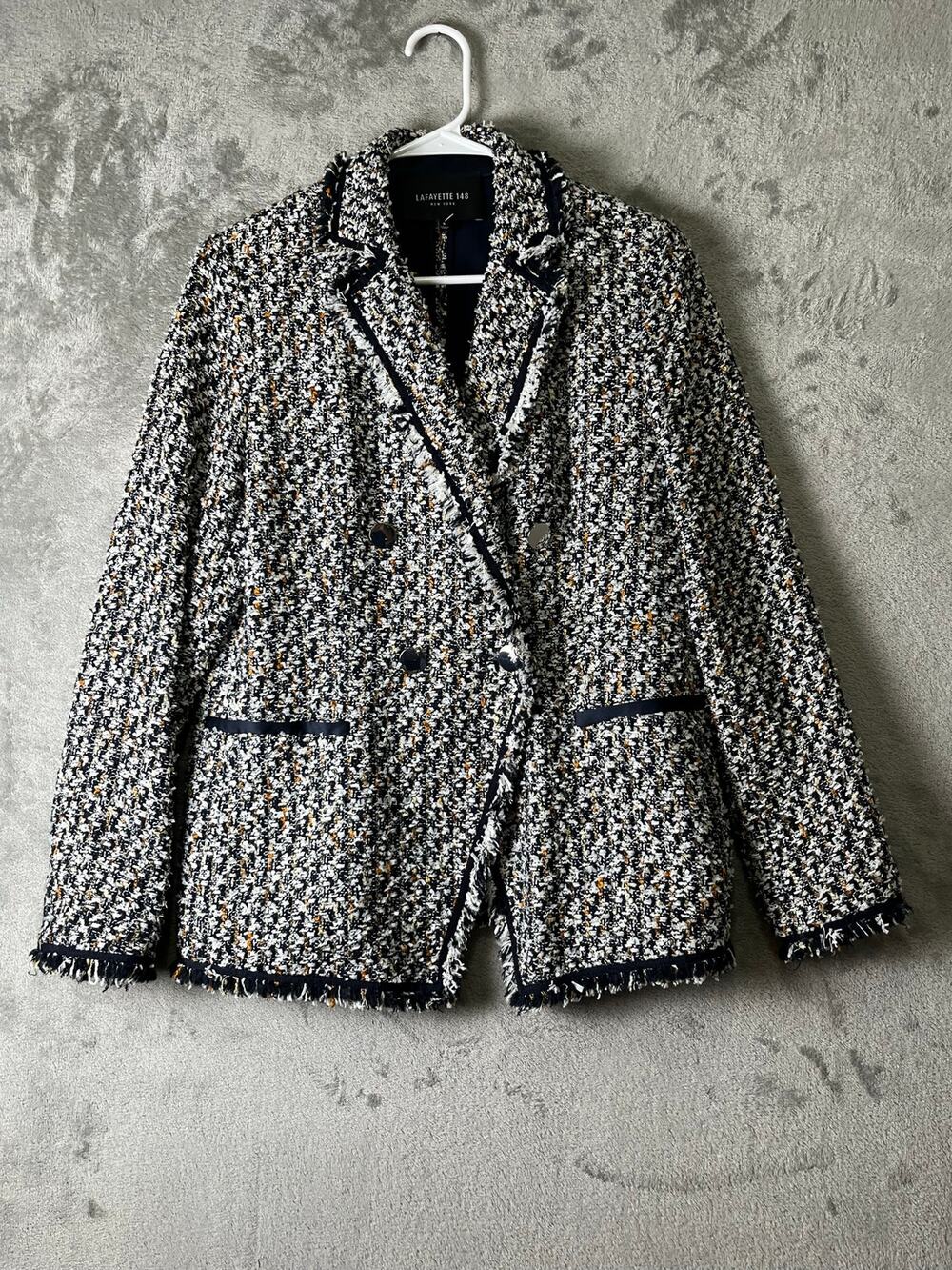 Lafayette 148‎ Tweed Double Breasted Blazer Size 6 Black White Fringe Trim